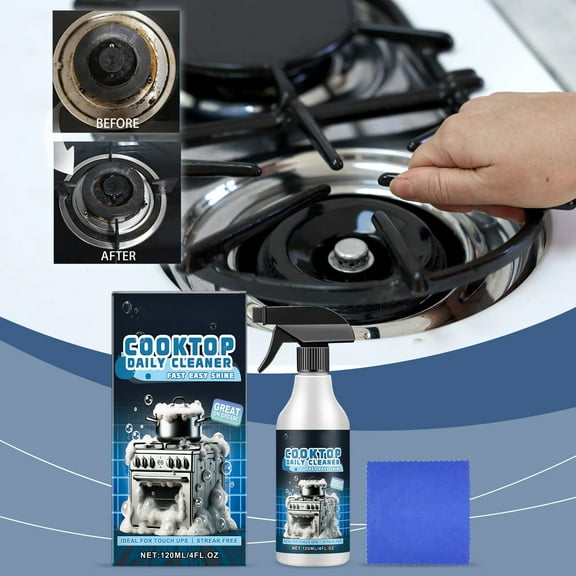 Powerful Degreaser Cooktop Cleaner 120ml, ZzCityTK Heavy Duty Kitchen Multi-Purpose Cleaner for Glass Metal Surfaces, Fast Acting Daily Cleaner Spray with Towel for Stove Top Shine