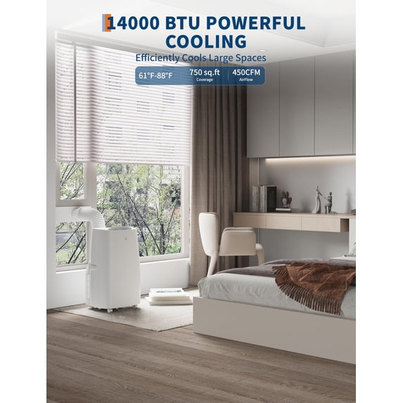 Powerful Dual Hose Inverter Portable Air Conditioner – 14,000 BTU Cooling & Heating – Built-In Dehumidifier, Fan, Quiet Sleep Mode, 24H Timer,Auto Evaporation, Easy Window Kit– Covers up to 750 Sq Ft