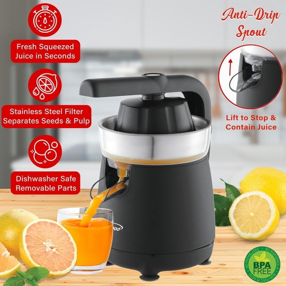 Powerful Electric Citrus Juicer Orange, Lemon, Lime, and Grapefruit Squeezer, Ergonomic Lever, 2 Cones, Dishwasher Safe Parts (Black, Large)