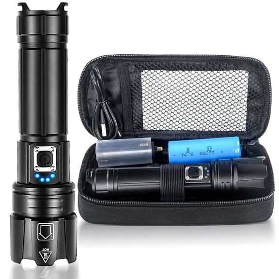 Powerful Flashlight 10000 Lumens, USB Rechargeable XHP70.2 Flashlights High Lumens LED Torch Powerful Tactical Flashlight 5 Modes, Zoomable with Power Display and USB Output for Emergency
