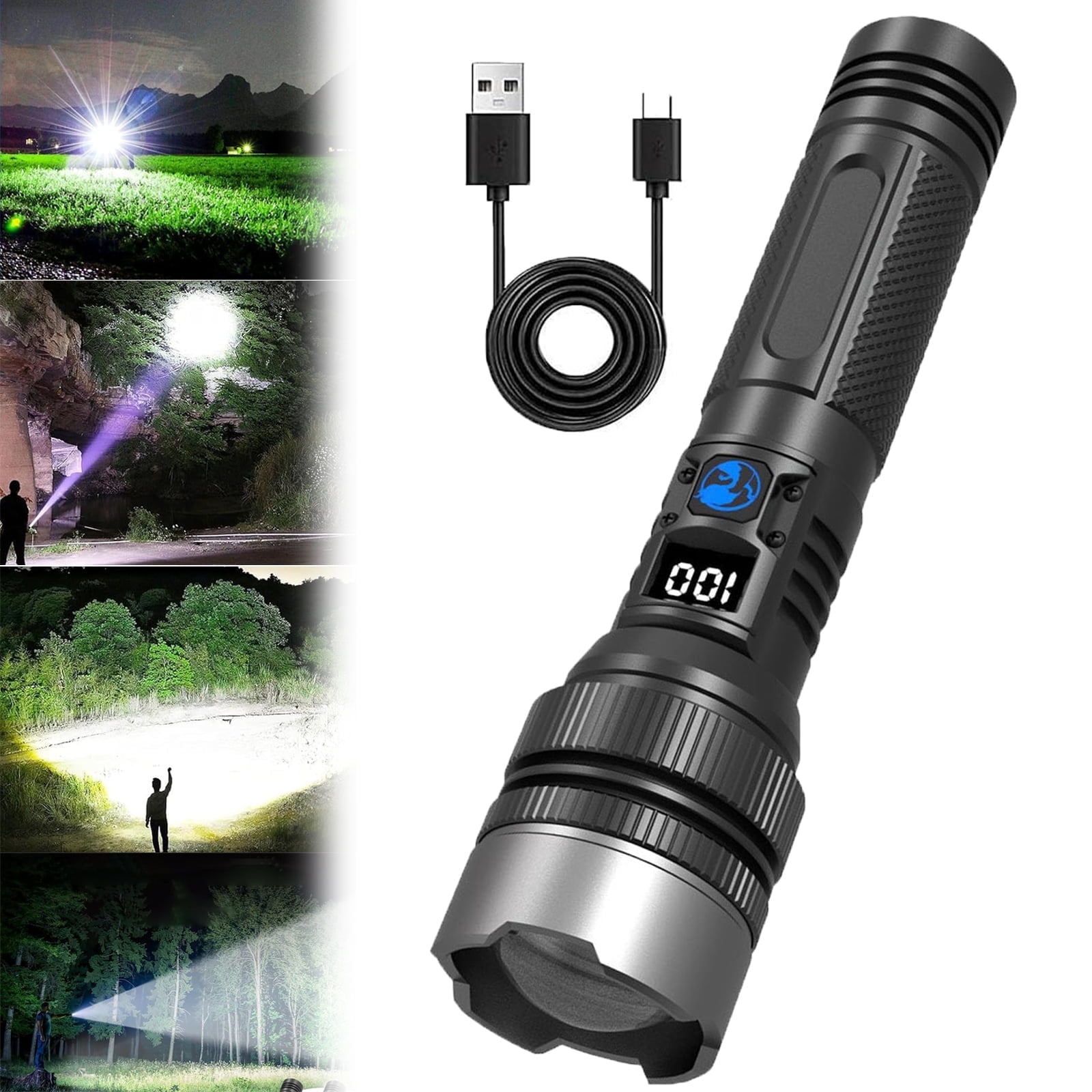 Powerful Flashlight 150000 Lumens, USB Rechargeable Waterproof Flashlight Xhp70.2, Super Bright Strong High Lumens LED Mini Flash Light, Zoomable Torch with 5 Modes
