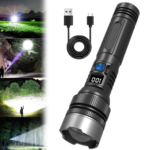Powerful Flashlight 150000 Lumens, USB Rechargeable Waterproof Flashlight Xhp70.2, Super Bright Strong High Lumens LED Mini Flash Light, Zoomable Torch with 5 Modes