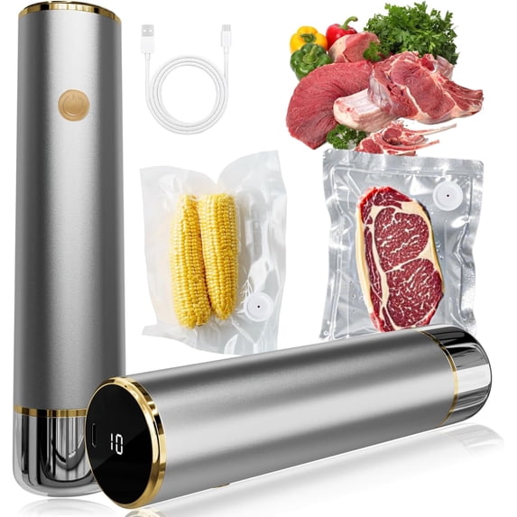 Powerful Handheld Vacuum Sealer – Compact Food Saver Machine with 10 Reusable Bags, Portable Design for Meal Prep, Sous Vide & Long-Term Food Storage (Silver)