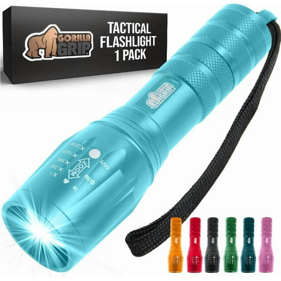 GORILLA GRIP Powerful LED Tactical Flashlight, 750 FT High Lumens 5 Adjustable Modes, Water Resistant, Ultra Bright Zoom Flashlights, Small Mini Flash Light, Camping, Night Dog Walking, Turquoise