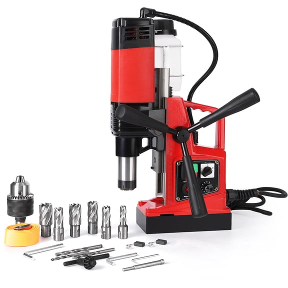 Powerful Magnetic Drill Press 1400W – 2" Max Drilling Diameter – 810RPM adjustable Speed – Double Track Forward/Reverse – Self-Locking – Portable Industrial Mag Drill with 6 Drill Bits, Red
