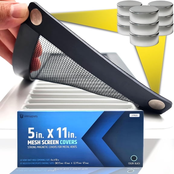 HMMAGNETS Magnetic Vent Screen Mesh Covers for Floor, Wall & Ceiling, Black (5”x11”), 3-Pack