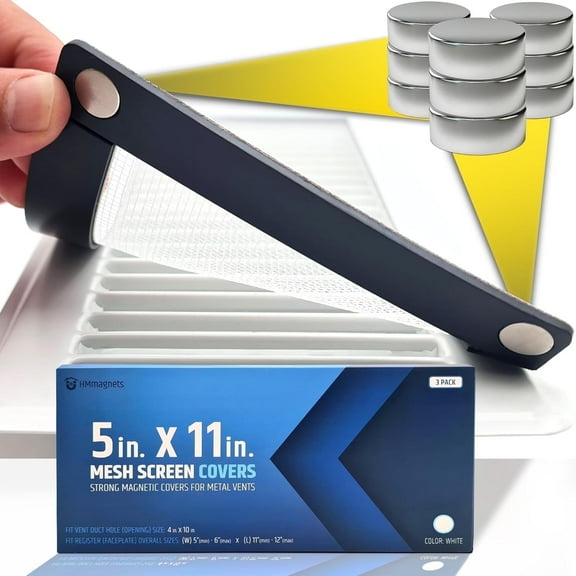 HMMAGNETS Powerful Magnetic Vent Screen Mesh Covers (3-Pack) That Will Never Move or Fall - for Floor, Wall & Ceiling Registers of Width 5" to 6", Length 11" to 12" | White