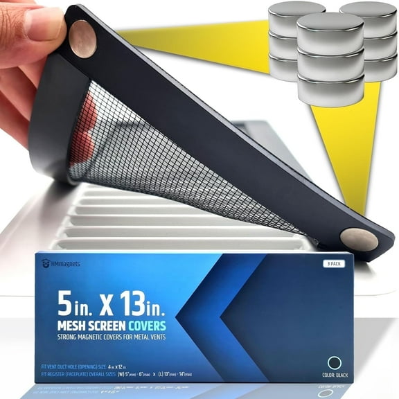 HMMAGNETS Powerful Magnetic Vent Screen Mesh Covers (3-Pack) That Will Never Move or Fall - for Floor, Wall & Ceiling Registers of Width 5" to 6", Length 13" to 14" | Black