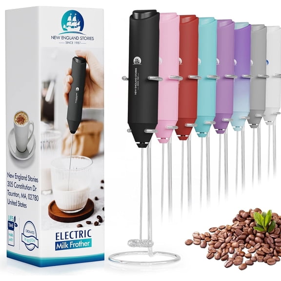 Powerful Milk Frother Handheld Foam Maker, Mini Whisk Drink Mixer for Coffee, Cappuccino, Latte, Matcha, Hot Chocolate, With Stand, Black