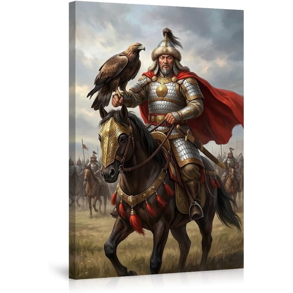 Powerful Mongolian Warrior Canvas Wall Art with Eagle and Horseback Armored Soldier Historical Epic Military Theme Home Decor Print for Living Room Bedroom Office Artwork