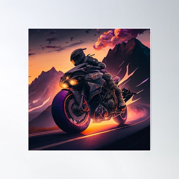 Powerful Motorcycle Racing Through Mountains Poster Wall Art, Modern Wall Decor, 16x16 UNFRAMED