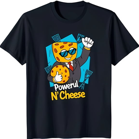 Powerful N' Cheese Black T-Shirt with Cartoon Cheese Character in Suit & Sunglasses