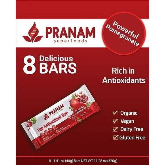 Pranam Bars Powerful Pomegranate Bars, Organic, Crunchy, 8 Count, 11.28 oz