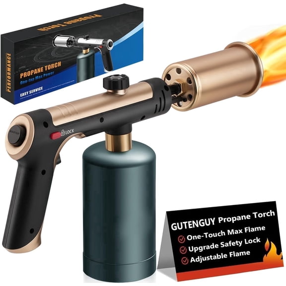 Powerful Propane Torch, One-Touch Max Flame, Adjustable Flame with Safety Lock, for Grill, BBQ, Sous Vide & Campfire Starter (Tank Not Included)
