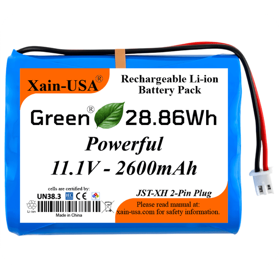Powerful Replacement: Xain-USA 11.1V Li-ion Battery. 2600mAh capacity, 3S1P config, JST-XH2.54 connector, built-in BMS. Ideal for Super LifeJacket Jolt Rugged IMW888S, IMW889N-BLKC.