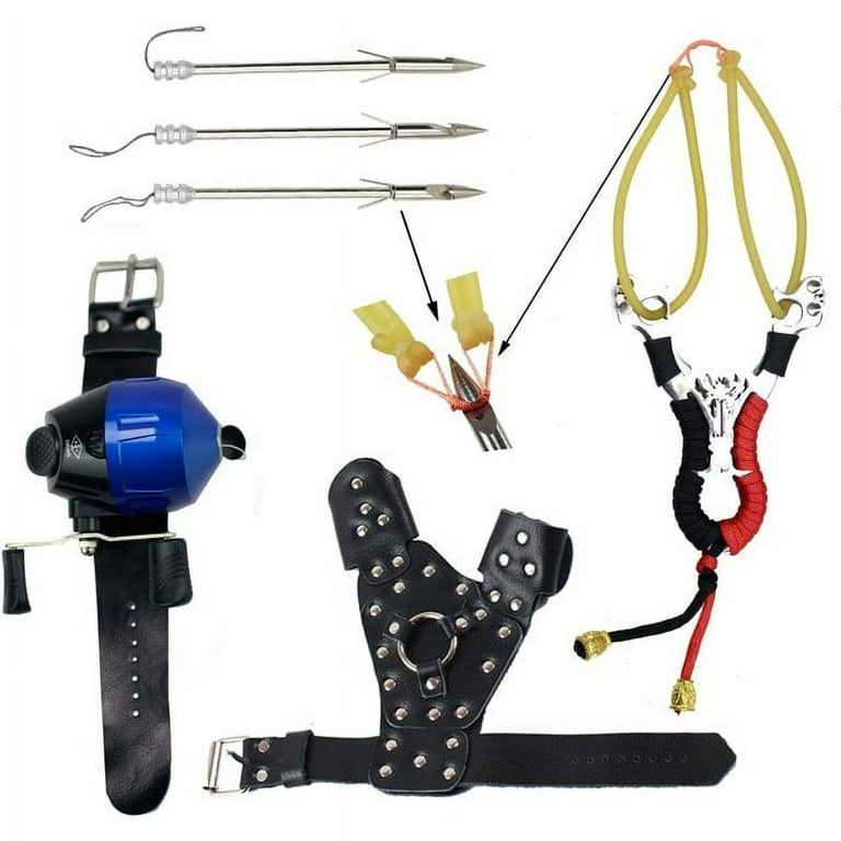 Powerful Slingshot Bow Fishing Set Reel Hunting Catapult Steel Broadheads  Darts Protect Wristband Right Hand Guard 