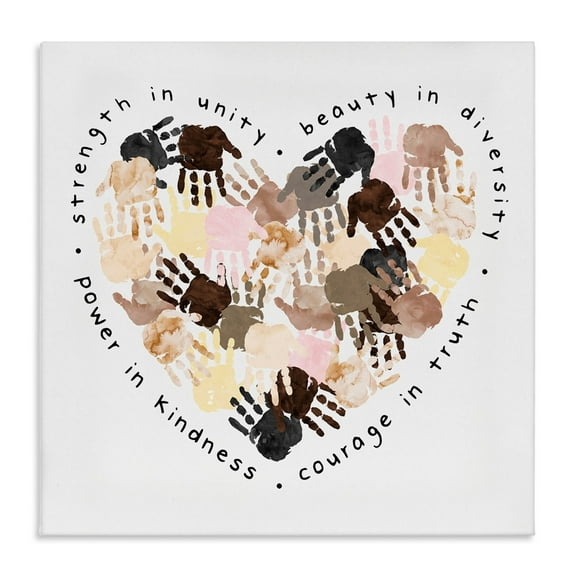 Powerful Strength In Unity Phrase Handprint Heart Art for Kids Gallery-Wrapped Canvas Print Wall Art, 17x17