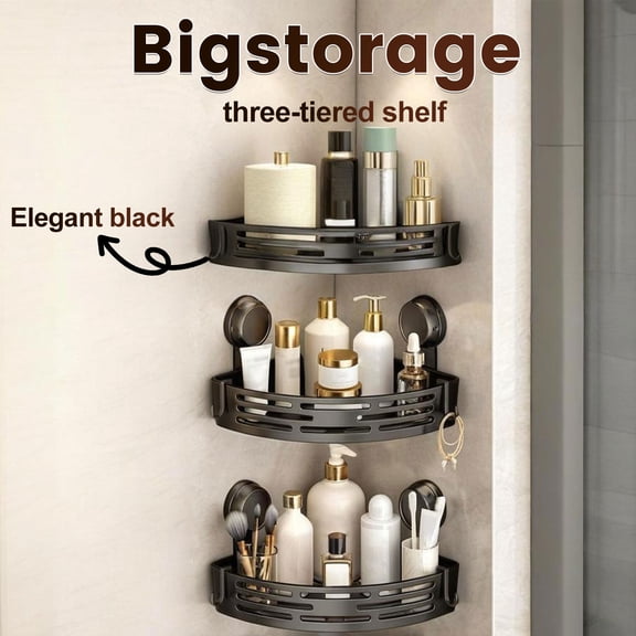 Powerful Suction Corner Shower Caddy with Hooks - No Drilling Removable Shower Shelf, Waterproof Rustproof Bathroom Corner Organizer Storage, Bathroom Decor(Black,3pcs)