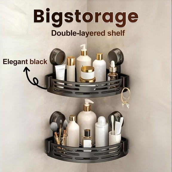 Powerful Suction Corner Shower Caddy with Hooks - No Drilling Removable Shower Shelf, Waterproof Rustproof Bathroom Corner Organizer Storage, Bathroom Decor(Black,2pcs)