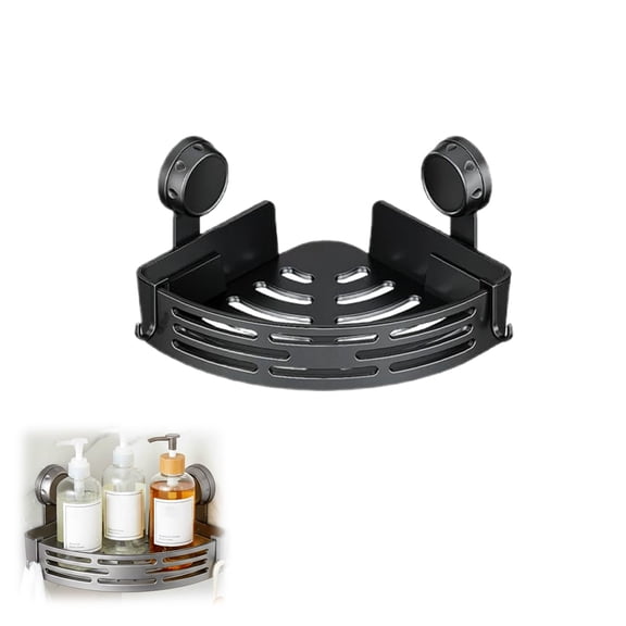 Powerful Suction Corner Shower Caddy with Hooks - No Drilling Removable Shower Shelf, Waterproof Rustproof Bathroom Corner Organizer Storage, Bathroom Decor(Black,1pcs)