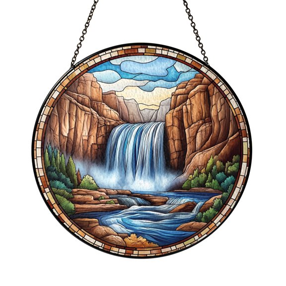 Powerful Waterfall Rocky Canyon Stained Glass Window Hanging, Deep Basin Landscape With Rushing Water, Scenic Outdoor Nature Decor Art