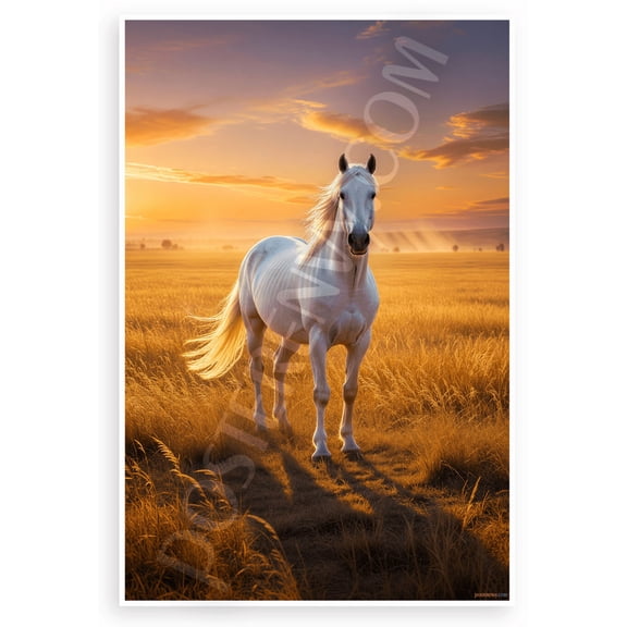 Powerful White Horse Golden Pasture Sunset Wildlife 12x18 US Made Poster