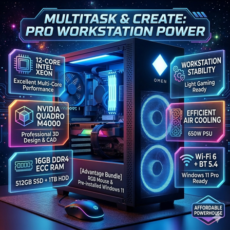 Powerful i7 Xeon E5 12-Core Gaming Desktop PC Quadro M4000 8GB, 16GB DDR4, 512GB SSD + 1TB HDD, 650W PSU, Wi-Fi 6 + BT5.4,RGB Keyboard & Mouse