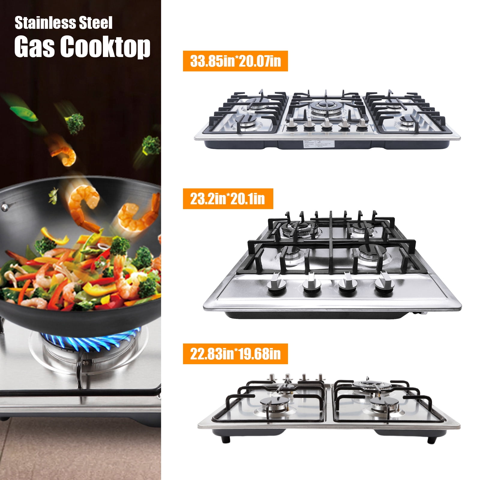 Powerful gas cooktop with four sealed burners, stainless steel surface, thermocouple flameout protection, anti-slip cast iron grates, easy pulsed ignition, ideal for multiple dishes