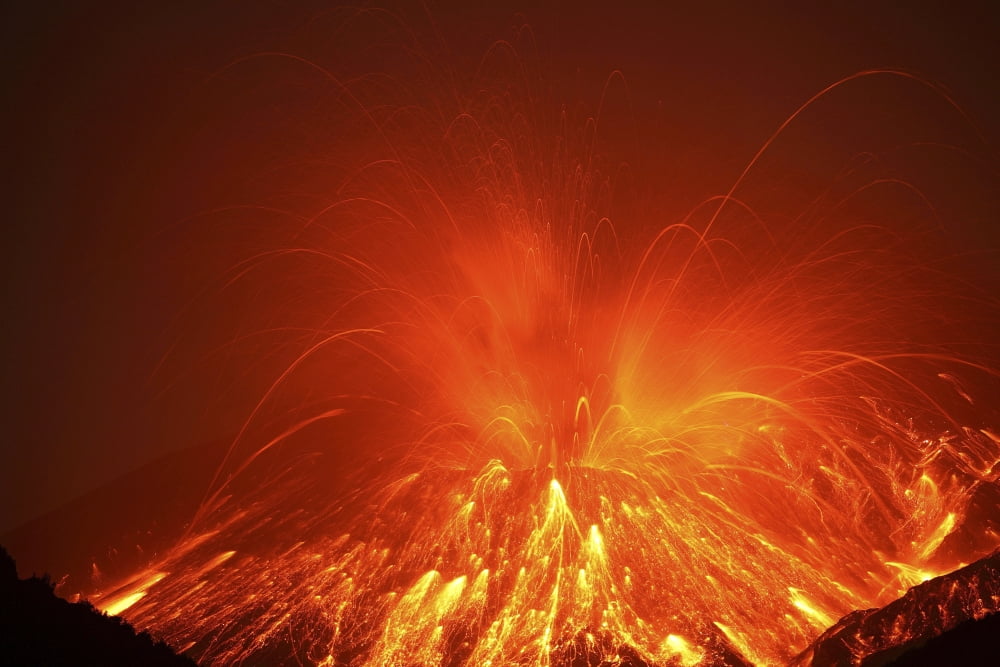 Powerful night time explosive eruption of Sakurajima volcano Japan Canvas Art - Richard RoscoeStocktrek Images (18 x 12)