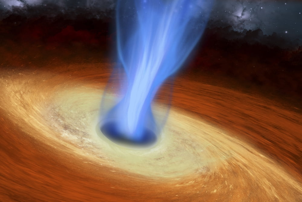 Powerful streams of energy spew out of a black hole in the middle of a galaxy Canvas Art - Corey FordStocktrek Images (18 x 12)