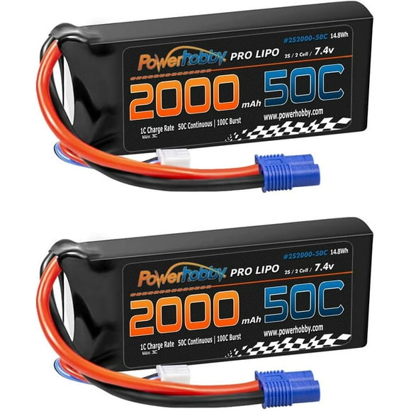 Powerhobby 2s 7.4V 2000mah 50c Lipo Battery with EC3 Plug (2 Pack) Fits : Losi Mini 8ight / 8ight-T