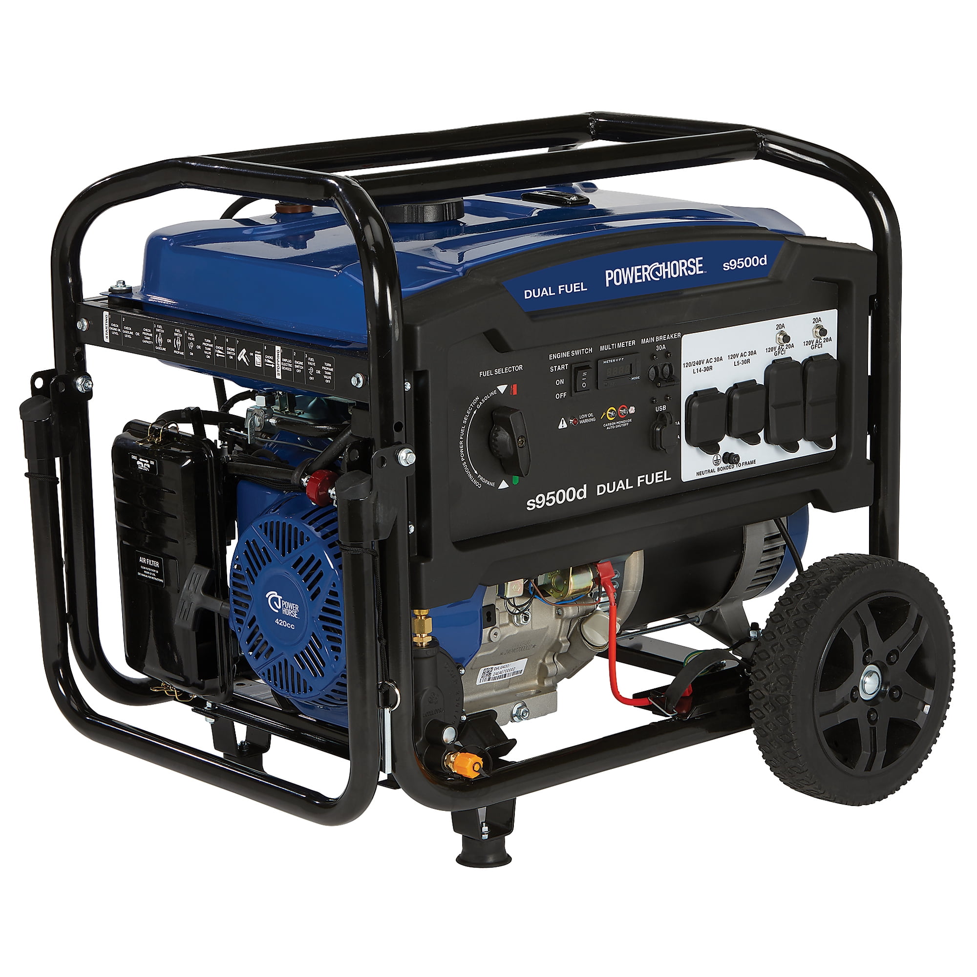 Powerhorse Portable Generator, 9500 Surge Watts, 7500 Rated Watts, 120/240V, Dual Fuel, Electric Start, CO Shutdown