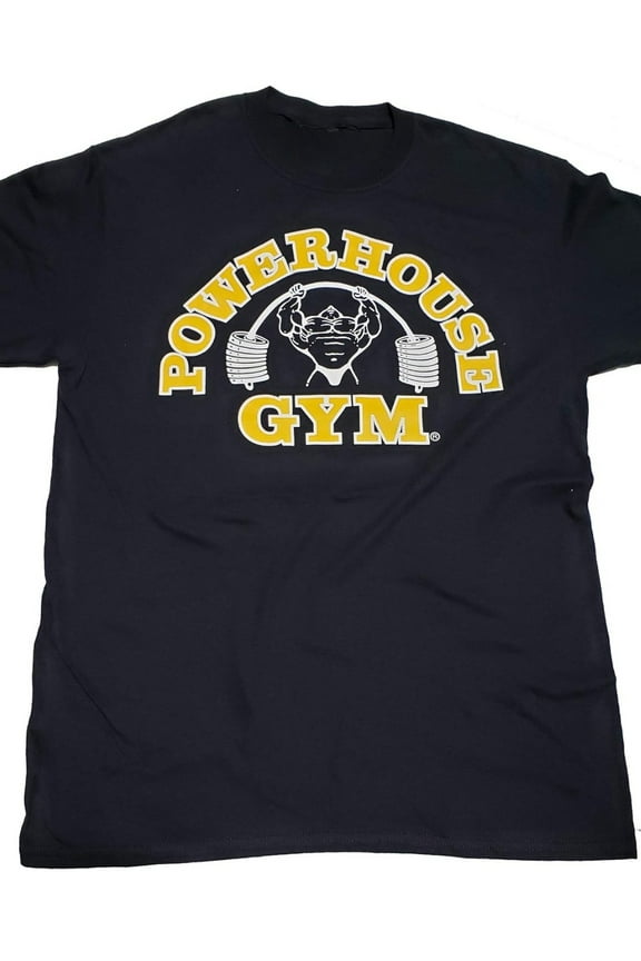 Powerhouse Gym" Men's Cotton T-Shirt - Regular Fit, Navy Blue with Yellow Barbell Graphic, Round Neck, All-Season, Machine Washable, Gym Accessories