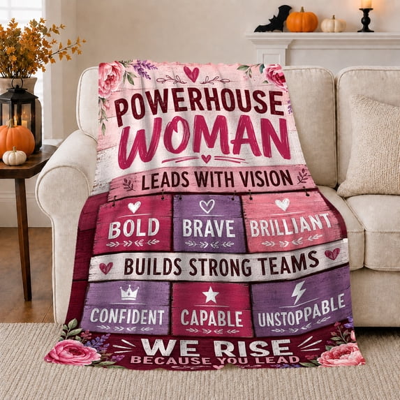Powerhouse Woman Floral Quote, Cozy Typography Art Scene, Warm Flannel Blanket for Living Room and Reading Nook, Art Lovers Housewarming Gift, Artistic Home Decor