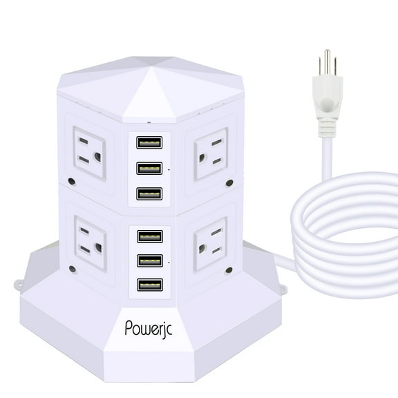 Powerjc Tower Power Strip Surge Protector Socket 8 AC Outlets with 6 Usb ports Chargers 118.1 Inches Long Extension Cord Indoor White