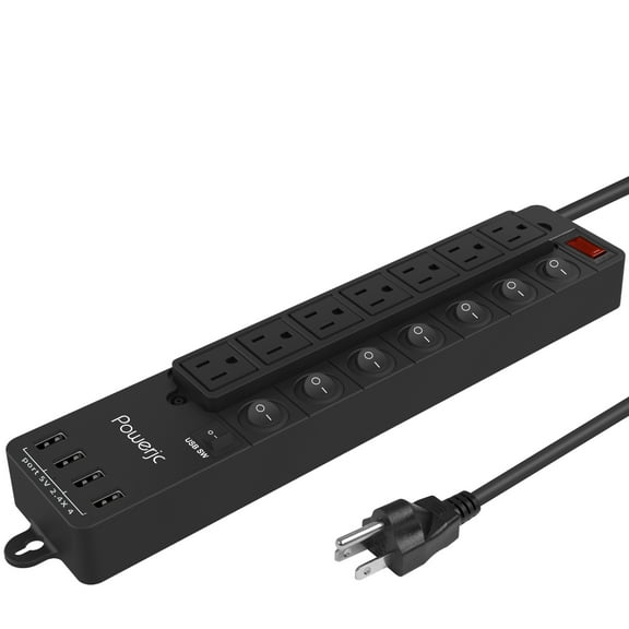 Powerjc surge protector power strip 7AC socket outlets wtih smart 4 usb port charger fixed holes at both ends Black