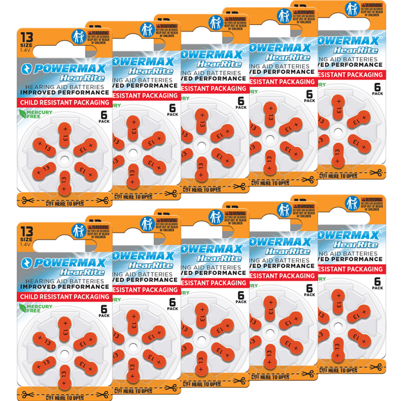 Powermax Size 13 Hearing Aid Batteries, Orange Tab, 64 Count