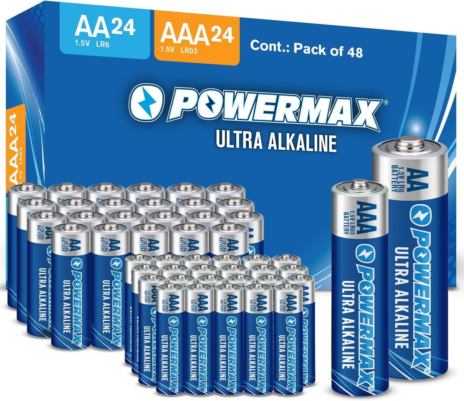 Powermax Ultra Alkaline Batteries 48-Count Combo Pack (24 Double AA, 24 Triple AAA)