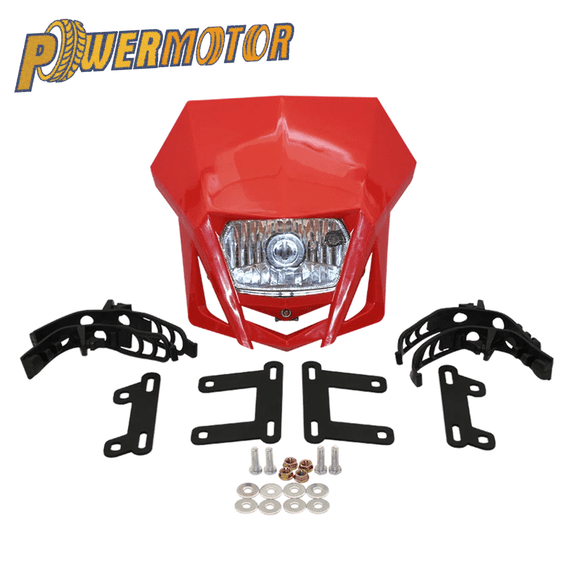 Powermotor Red Motorcycle Headlight For Kawasaki KLX KX Honda CRF XR Yamaha WR YZ TTR 125450cc Universal Dual Sport Halogen Headlight Dirt Bike Motocross Tuning Parts