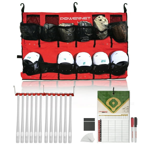 Powernet On Deck Team Bundle, Dugout Organizer for Baseball & Softball, Team Equipment Organizer, Hanging Baseball Glove & Helmet Holder, Fence Bat Rack, Dry Erase Magnetic Lineup Board