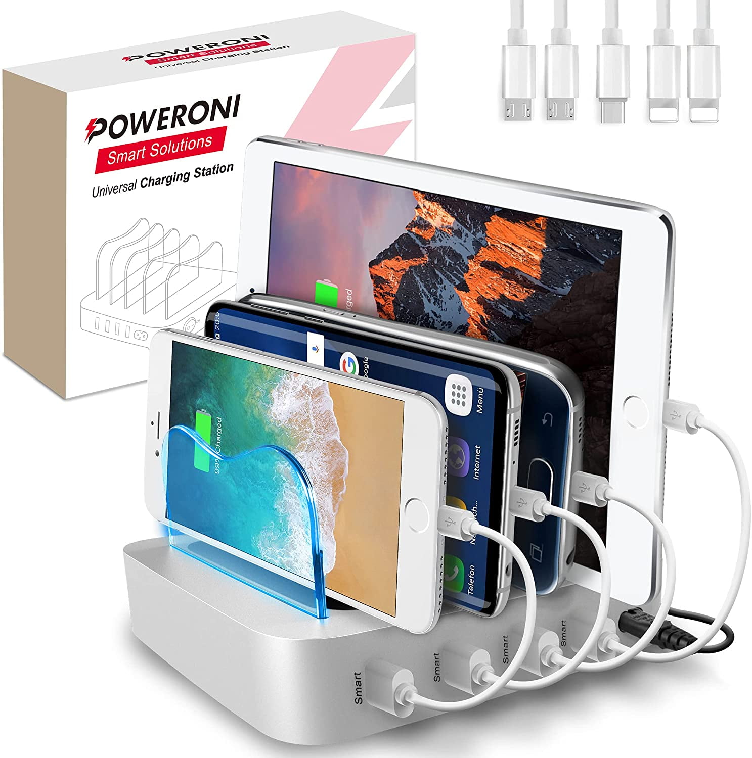 Poweroni USB Charging Station Dock - Fast Charge Docking Station for Multiple Devices - Multi Device Charger Organizer - Compatible with Apple and Android (Silver 4-Port)