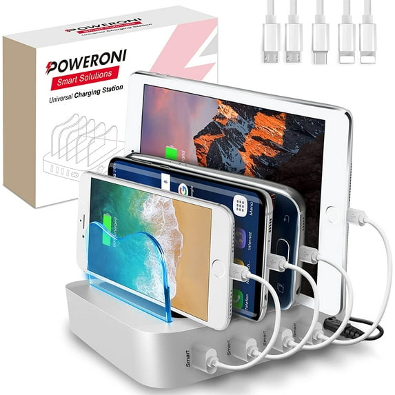 Poweroni USB Charging Station Dock - Fast Charge Docking Station for Multiple Devices - Multi Device Charger Organizer - Compatible with Apple and Android (Silver 4-Port)