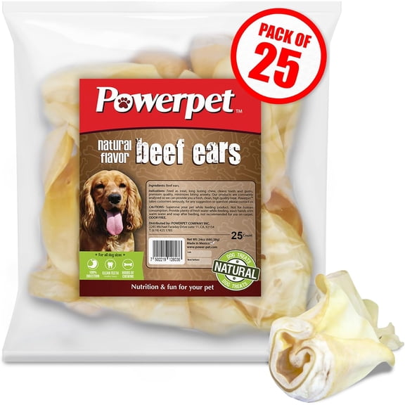 Powerpet Beef Ears, Dental Treats for Dogs - High Protein, Low Fat - 25 Pieces Bag