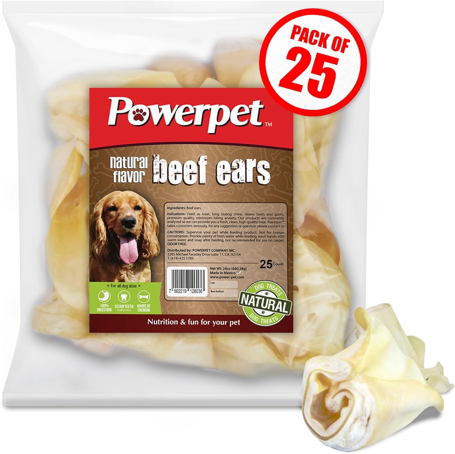 Powerpet Beef Ears, Dental Treats for Dogs - High Protein, Low Fat - 25 Pieces Bag