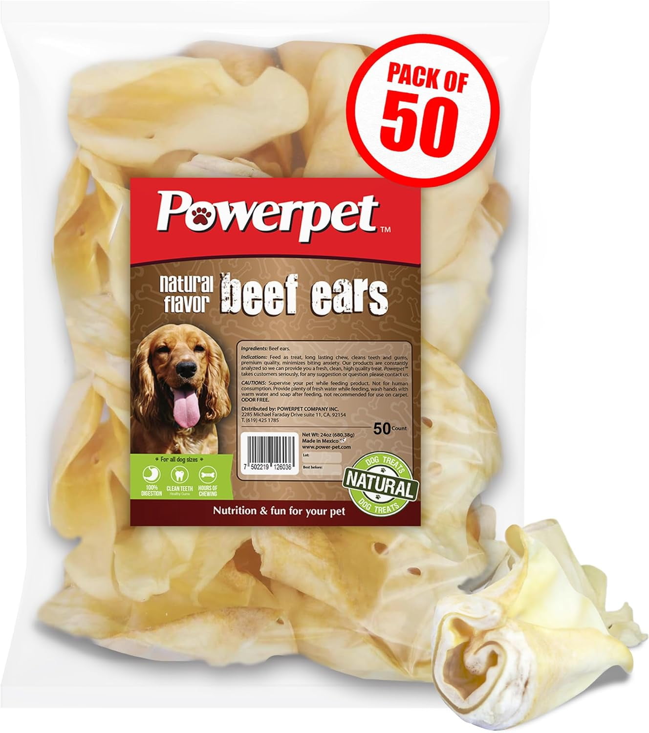 Powerpet Beef Ears, Dental Treats for Dogs - High Protein, Low Fat - 50 Pieces Bag