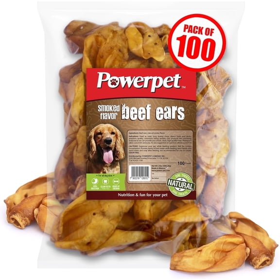 Powerpet Smoked Beef Ears, Dental Treats for Dogs, High Protein, Low Fat, 100 Pieces Bag