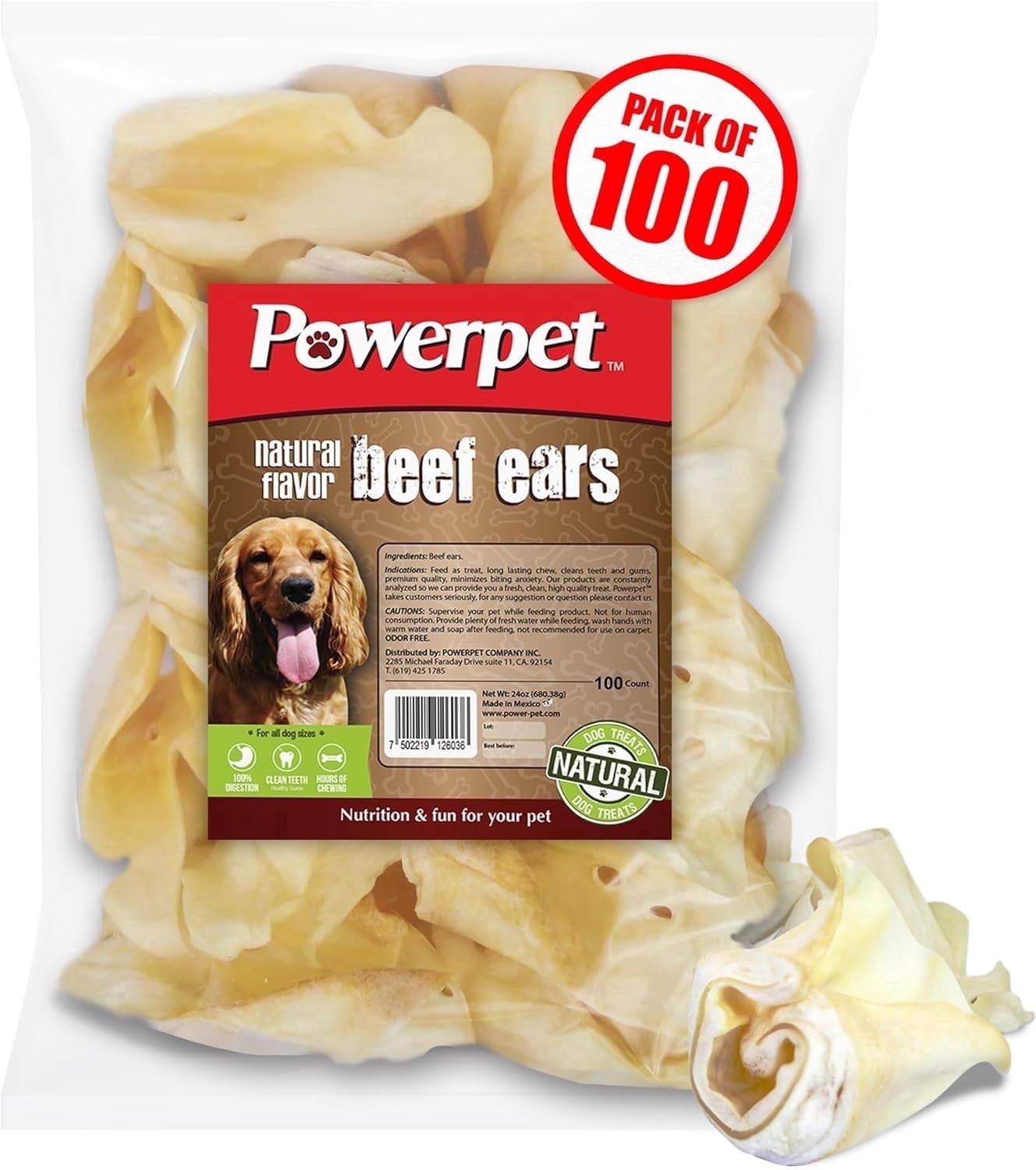 Powerpet Beef Ears, Dental Treats for Dogs - High Protein, Low Fat - 100 Pieces Bag
