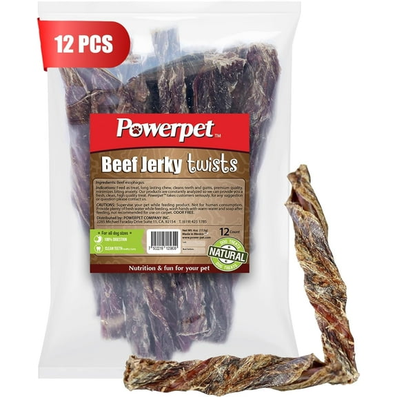 Powerpet Treats Beef Jerky Twists - 100% Natural Dog Chews - High Protein, Low Fat - Made from Beef Esophagus - Promotes Dental Health - Long-Lasting Treats - Great for All Breeds - Pack of 12