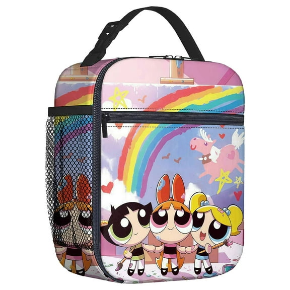 For Powerpuff Cartoon Themed Insulated Lunch Bag – Reusable Water Resistant Cooler Tote, with Mesh Side Pocket and Zipper, Lunch Box Size 8.66x4.33x10.24 Inch Suitable for Camping, Trips, Picnics