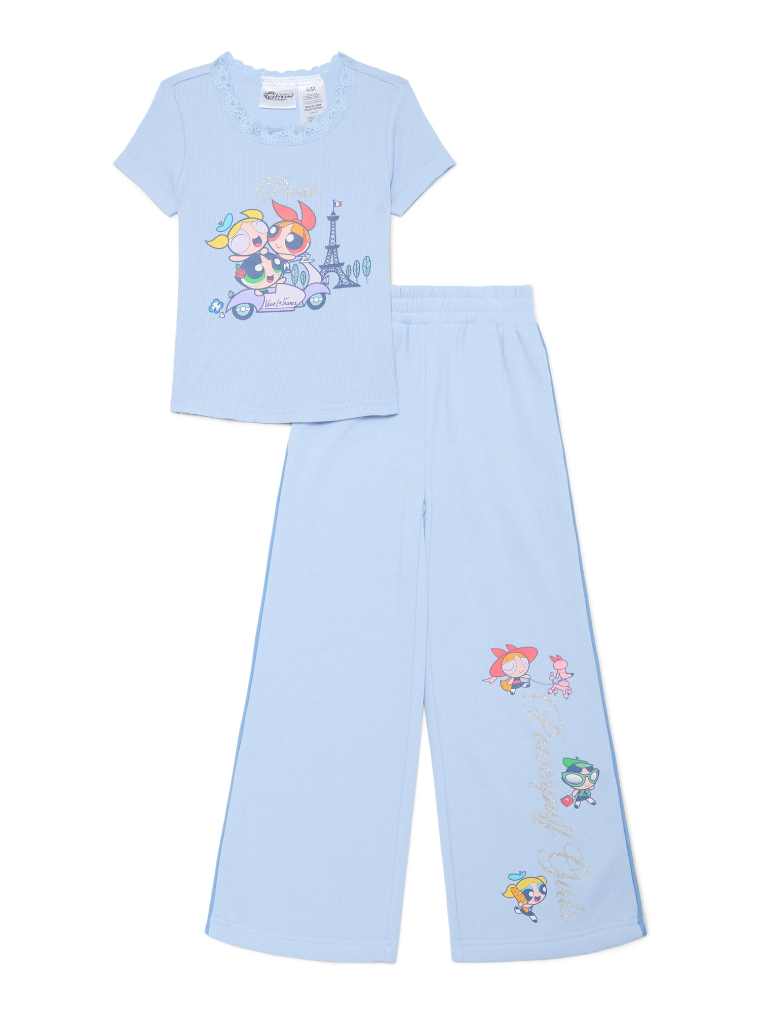 Powerpuff Girls Girls Graphic T-Shirt and Wide Leg Fleece Pant Outfit Set, 2-Piece, Sizes 4-16